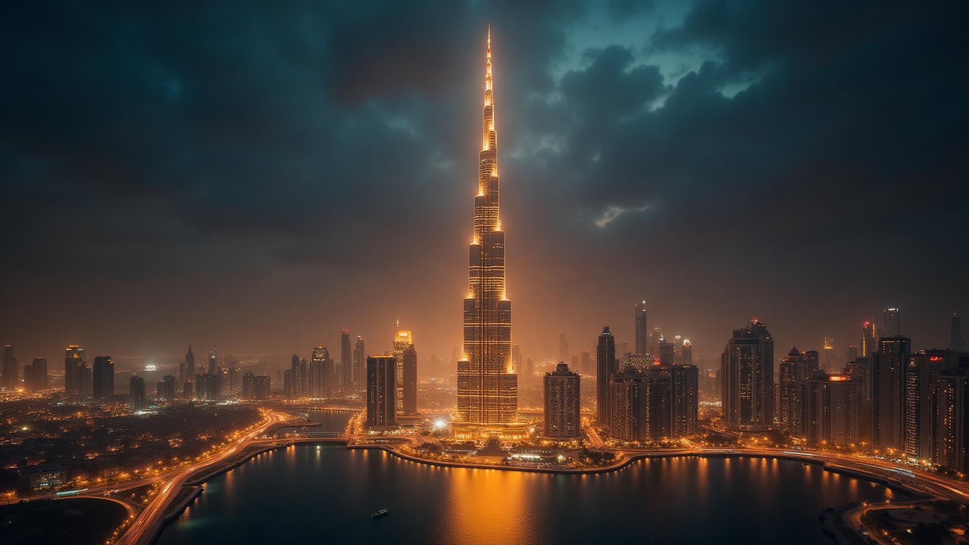 UAE skyline at night with Burj Khalifa